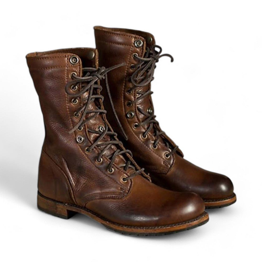 Men's Brown Leather Ankle Boots - Military Combat Boots with Heavy Duty Soles - Army Marching Style