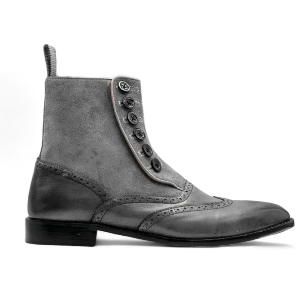 Ankle High Grey Button Boots for Men, Handcrafted Leather Footwear