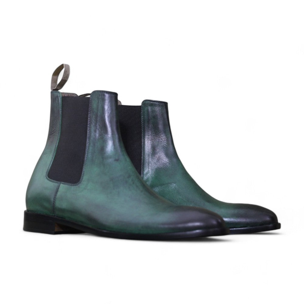 Handcrafted Green Suede Chelsea Boots with elastic side panels and durable sole by Posh Footwear