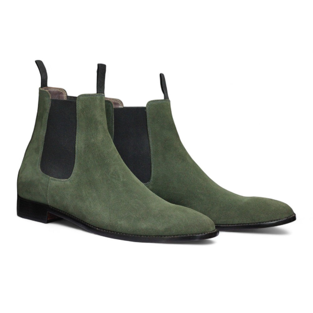 Handcrafted Green Suede Chelsea Boots with elastic side panels and durable sole by Posh foot wears