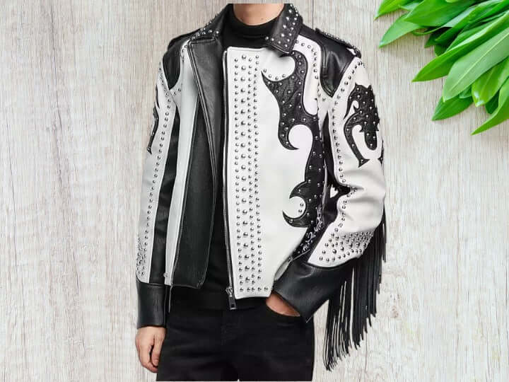 Men Two Tone Biker Studded White Leather Jacket