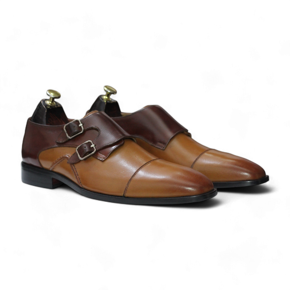 Handmade Double Monk Cap Toe Leather Shoes in Tan Brown for Men - Available in USA Sizes 5 to 15 - Premium Leather, Double Monk Strap