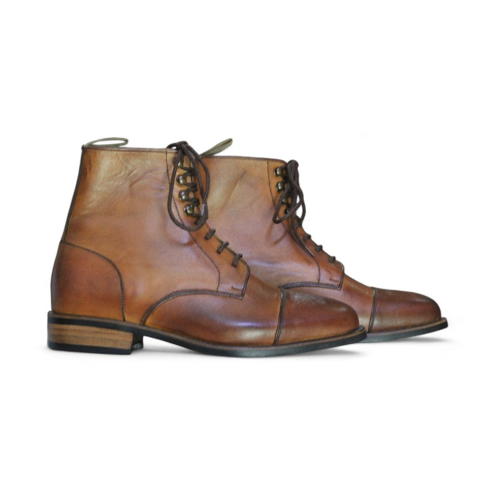 Men's Brown Ankle High Boots - Leather Lace Up Fashion Designer Cap Toe Patina