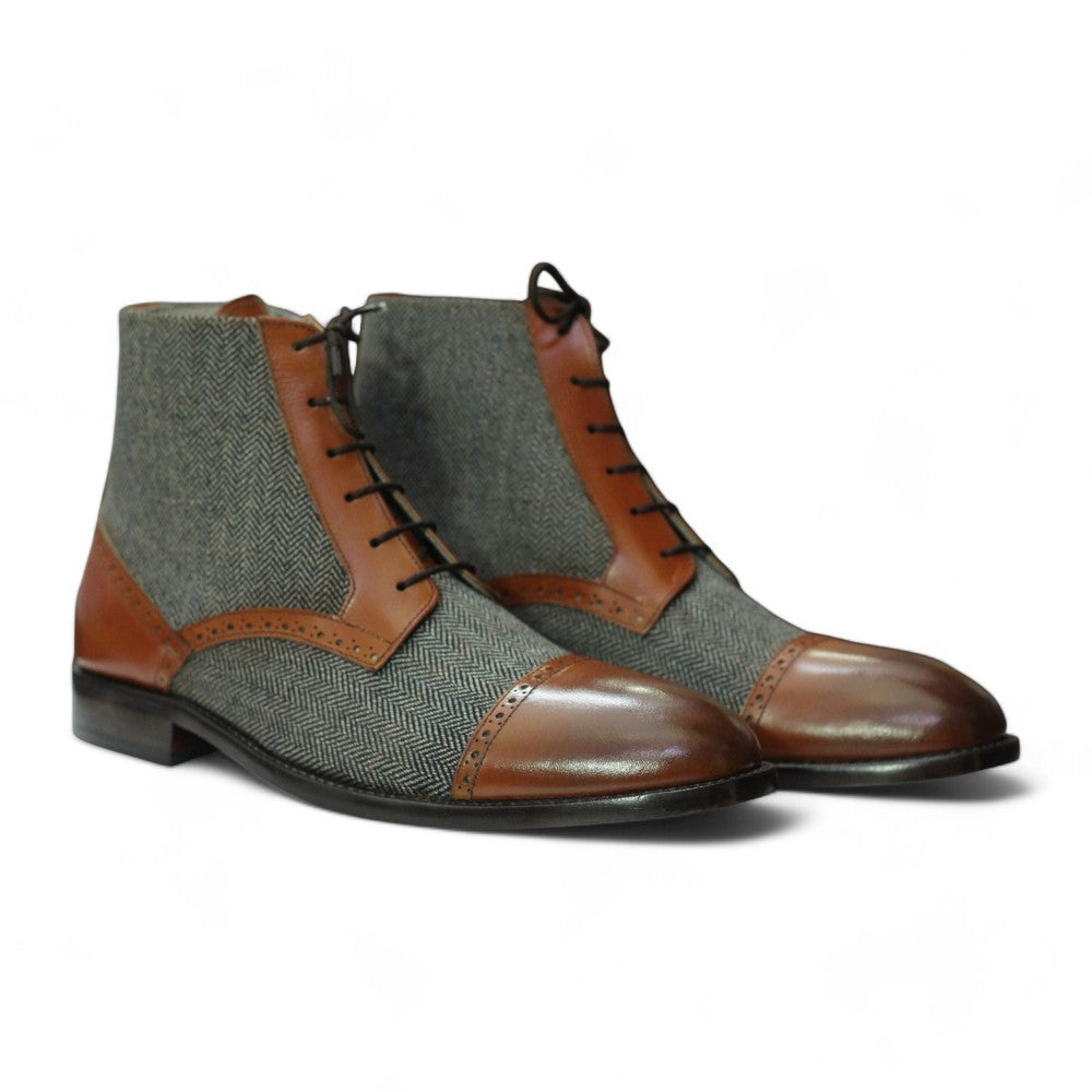 Men's Designer Ankle Boots - Two-Tone Tweed and Leather Cap Toe