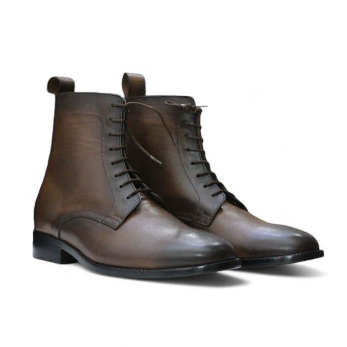 Handmade men's brown leather ankle boots with a cap toe and lace-up design, featuring premium leather and a durable sole, perfect for casual and semi-formal wear.