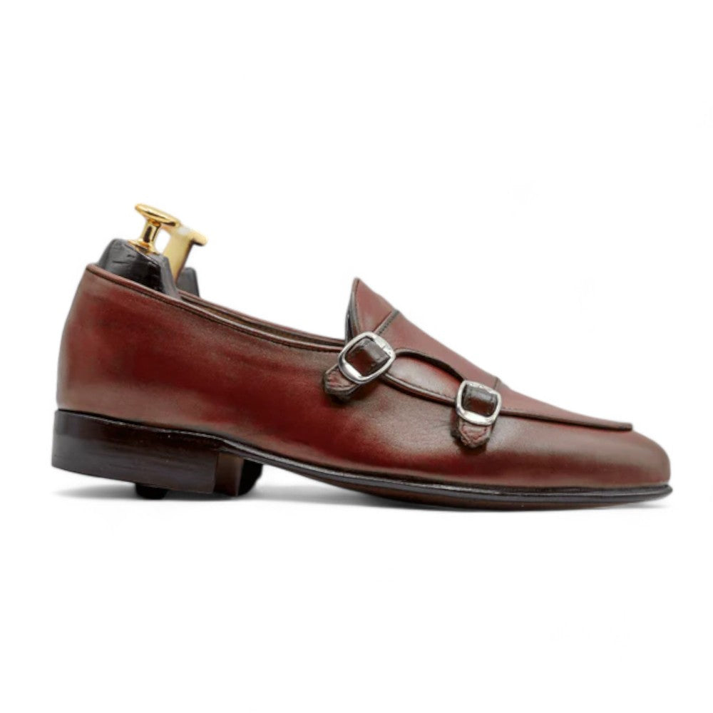 Men's Handmade Burgundy Leather Double Buckle Shoes – Stylish Bespoke Footwear