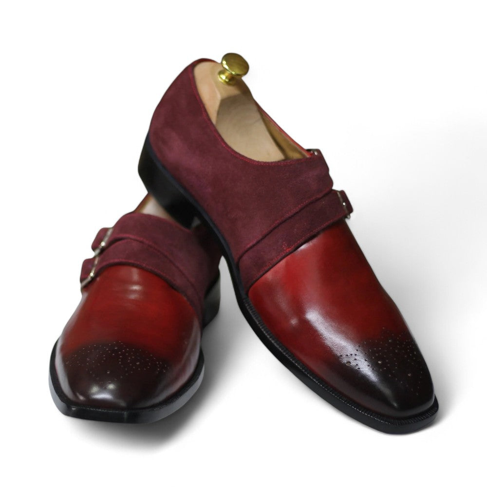 Handmade Double Monk Brogue Toe Shoes, Leather Burgundy/Red Shoes For Men's