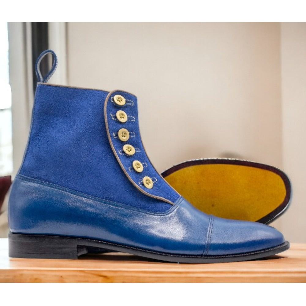 Men's Blue Leather Suede Button Boot featuring premium materials and a stylish button closure.