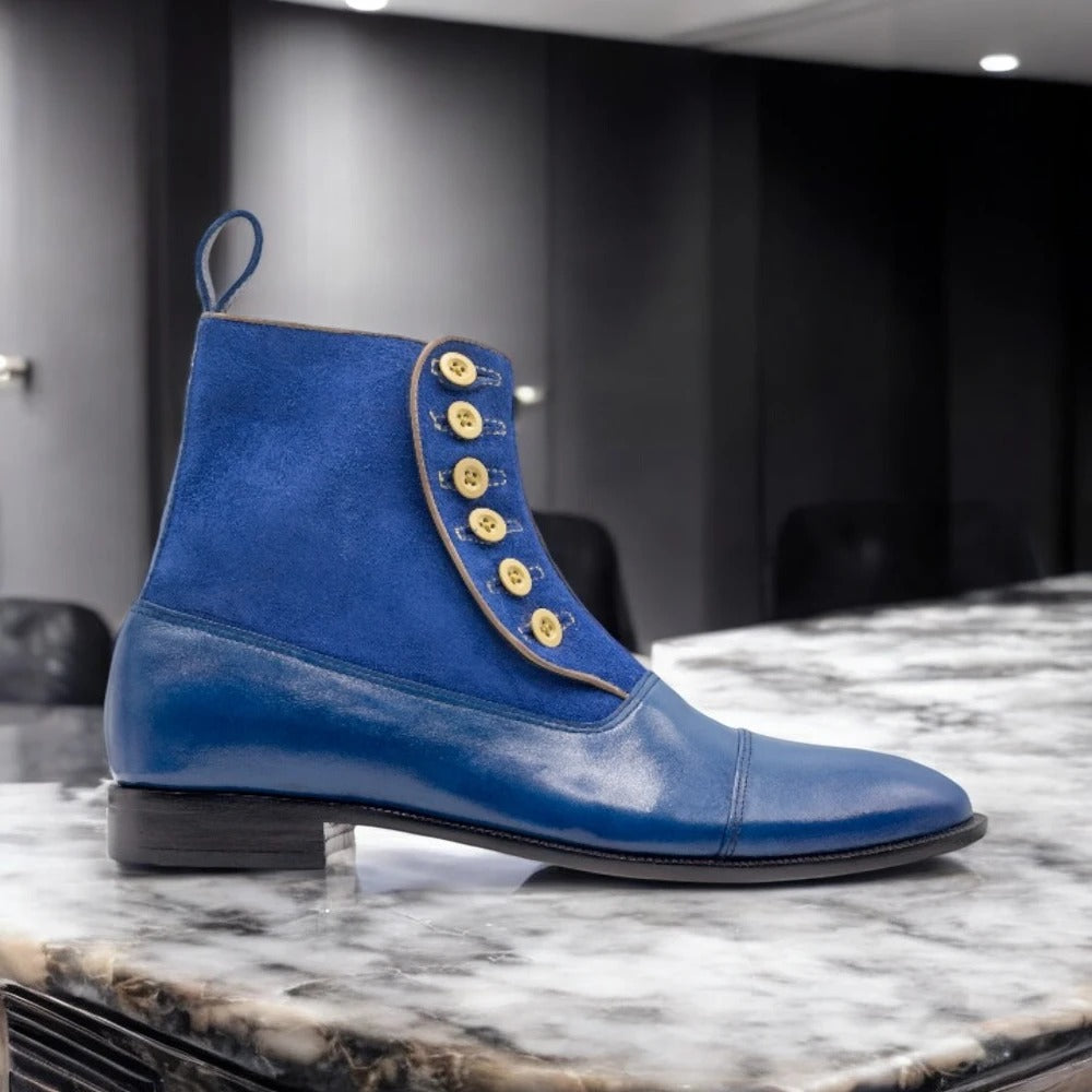 Men's Blue Leather Suede Button Boot featuring premium materials and a stylish button closure.