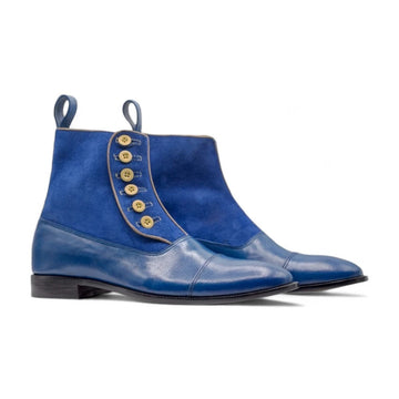 Men's Blue Leather Suede Button Boot featuring premium materials and a stylish button closure.