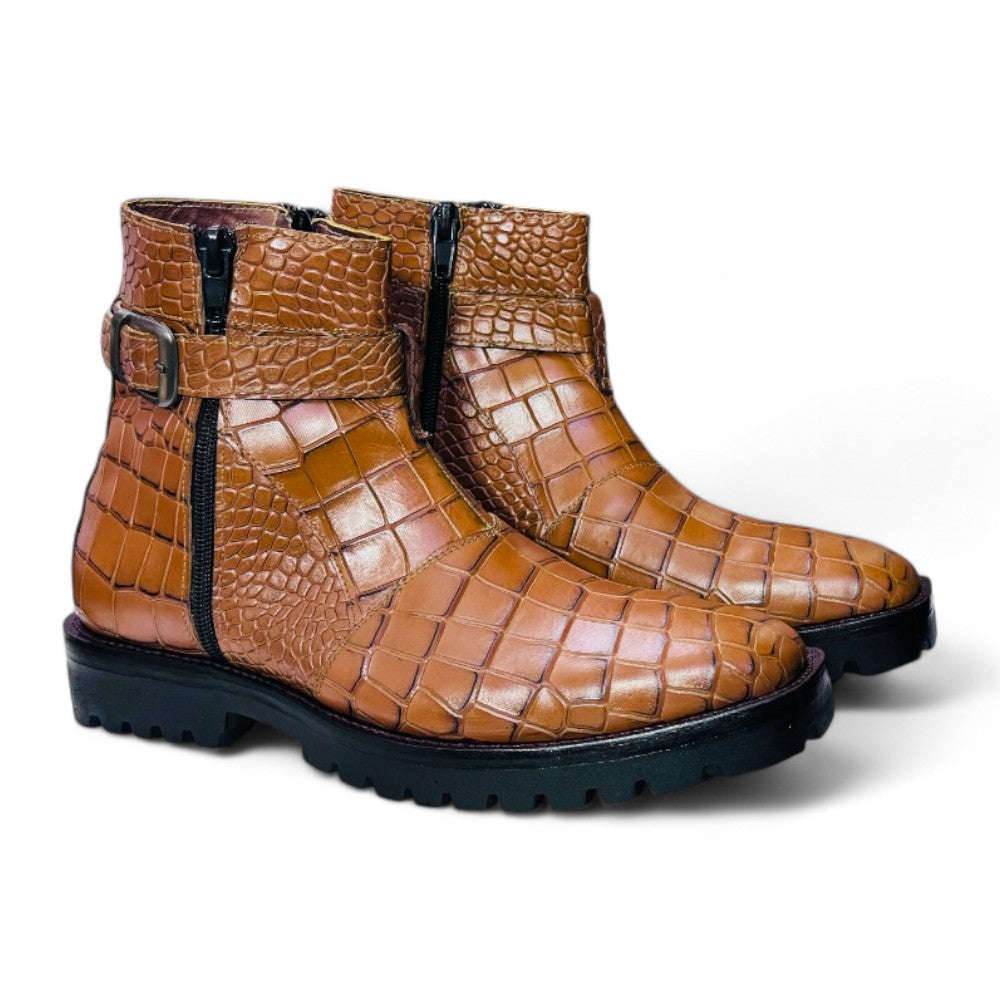 Alligator Zipper Brown Jodhpur Boots for Men, featuring a luxurious texture and modern design.