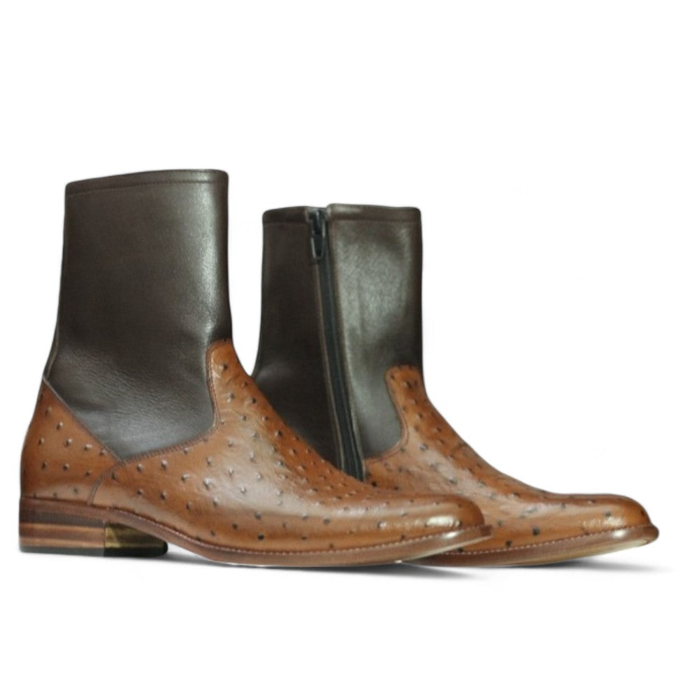 Handmade Men’s Brown Ostrich Print Leather Boots – Stylish and Durable, Perfect for Formal or Casual Wear.