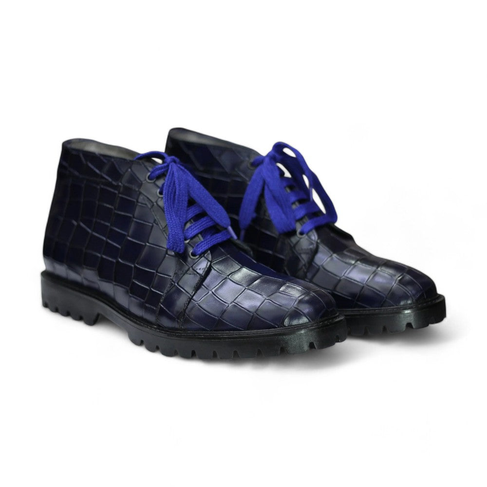 Handmade Alligator Textured Chukka Boots, Leather Blue Boots For Men's