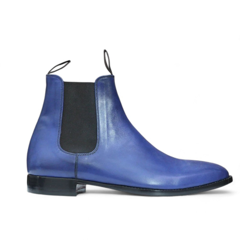 Men's Handmade Blue Chelsea Ankle High Leather Boot with a sleek design, crafted from premium leather for a stylish and comfortable fit.