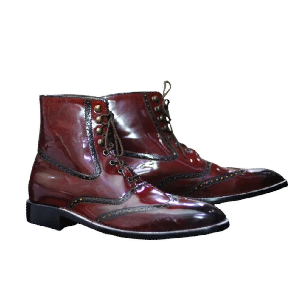 Men's Handmade Burgundy Patent Leather Ankle Boot with a glossy finish for sophisticated style.