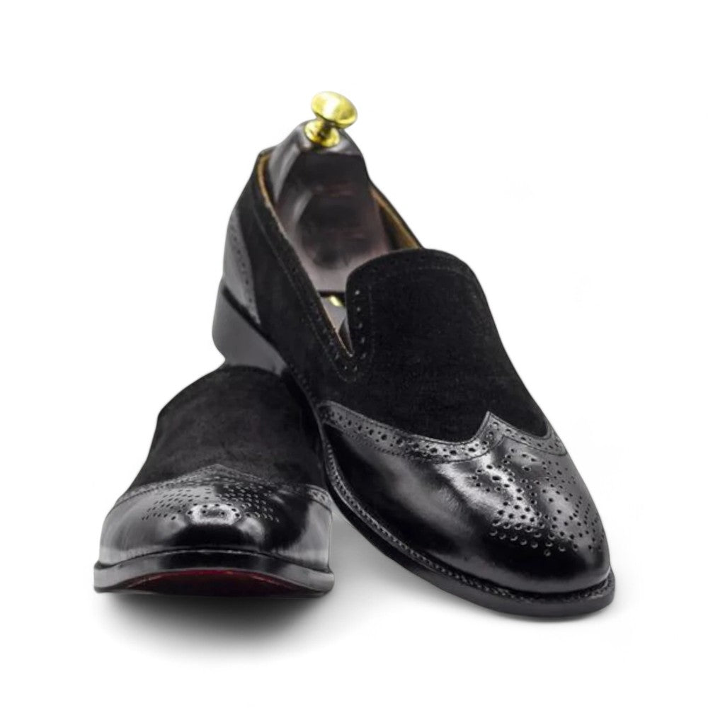 Men's Black and White Fringe Wingtip Dress Shoes – Handmade Leather Lace-Up Shoes