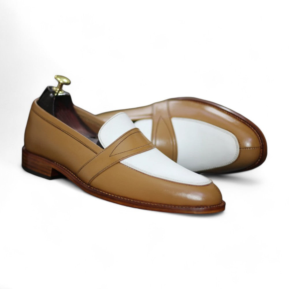 Men's brown and white penny loafers, handmade with premium leather, featuring a round toe and slip-on design, perfect for casual or semi-formal wear.