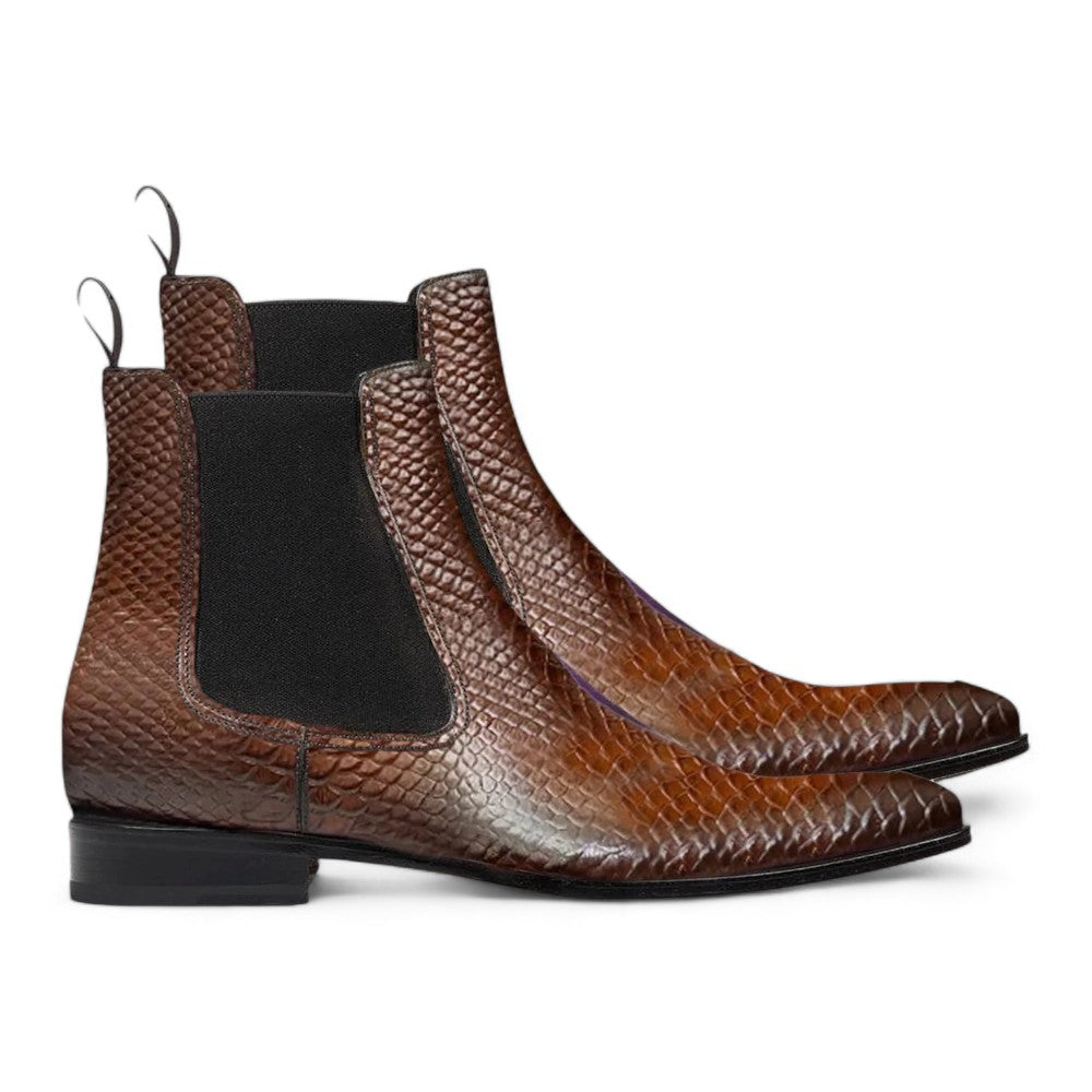 Men's handmade python textured leather Chelsea boots, slip-on, available in custom colors and USA sizes 5 to 15, with leather sole and lining